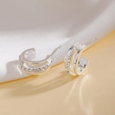 DORANA Small Gold/Silver Hoop Earrings for Women Girls, Dainty Split Cubic Zirconia Huggie Hypoallergenic Earrings Fashion Trendy Jewelry