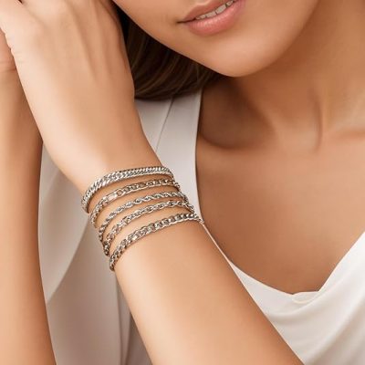 6 Pcs Chain Bracelet for Men Women - Stainless Steel Cuban Curb Link Rope Paperclip Figaro Herringbone Chain Bracelets Set Jewelry Gifts for Man Woman Boys 6.5/7/7.5/8.3/9 Inches