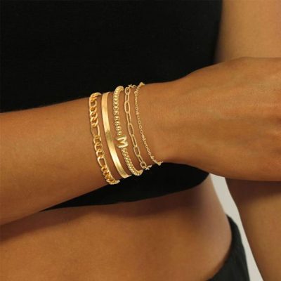 Golden Bracelets for Women, 14K Gold Plated Dainty Bracelets with Initial Charm Set, Layered Chain Bracelets Jewelry Gifts