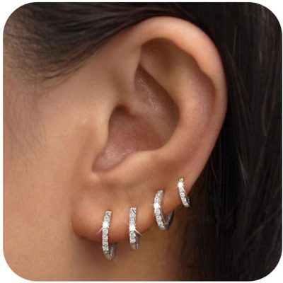 DORANA 4 Pairs Small Hoop Earrings for Women Girls, Silver Small Cubic Zirconia Huggie Hypoallergenic Earrings Set for Multiple Piercing, Dainty Cartilage Earrings for Women Birthday Christmas Gifts
