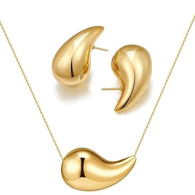 DORANA Gold Drop Necklace and Gold Chunky Hoop earrings for Women Girl Dainty Lightweight Dupes Teardrop Waterdrop Set Birthday Christmas Valentine's Day Mother's Day Gift Jewelry Set for Women