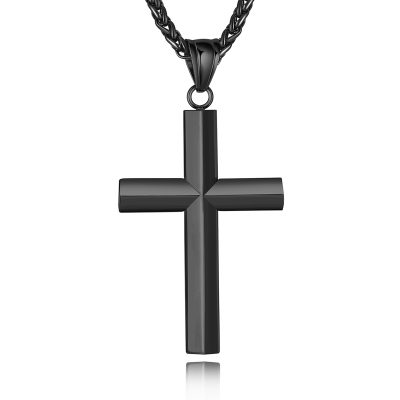 DORANA Beveled Edge Silver Cross Necklace for Men Boys Stainless Steel Cross Pendant Chain Religious Christian Men Teen Boys Jewelry Gifts 18-24 Inches Chain