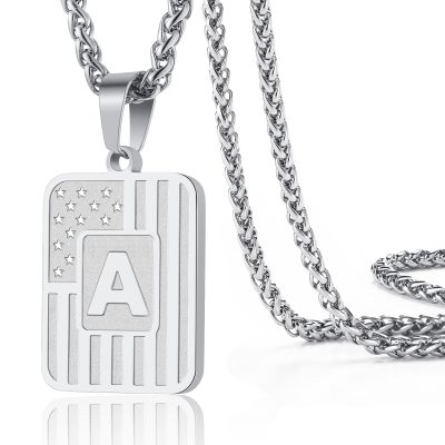 DORANA Silver Initial Necklaces for Men Boys Women Kid Son Boyfriend Stainless Steel American Flag Stars Dog Tag Name Alphabet Letter Pendant Necklace Birthday Christmas Gift Jewelry 20+2 Inch Chain