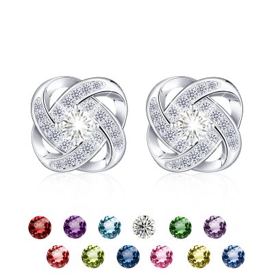 DORANA 18K White Gold Stud Earrings for Women Girls,Love Knot Stud Earrings,S925 Sterling Silver April Birthstone Earrings with CZ Crystal,Dainty Christmas Stud Earring Jewelry Birthday Gift for Her