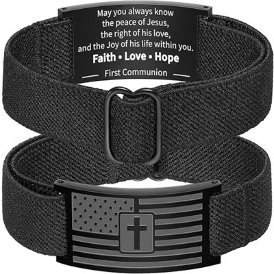 DORANA Baptism Gifts for Kids Bible Verse Black American Flag Cross Bracelet for Kids Boys Religious Catholic Christian Jewelry Gifts Ideas Son Grandson Brother Age