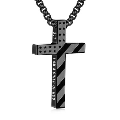 DORANA Cross Necklaces for Men Boys American Flag Pendant Chain Catholic Christian Religious First Communion Graduation 4th of July Father's Day Jewelry Gifts Ideas Dad Husband Teen Kids Age