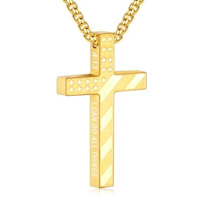 DORANA Cross Necklaces for Men Boys American Flag Pendant Chain Catholic Christian Religious First Communion Graduation 4th of July Father's Day Jewelry Gifts Ideas Dad Husband Teen Kids Age