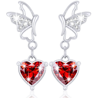 DORANA Butterfly Drop Earrings for Women Girls CZ S925 Sterling Silver January Birthstone Earrings with Red Garnet Birthday Jewelry Gifts Teen Kids Tween Daughter Ideas Age