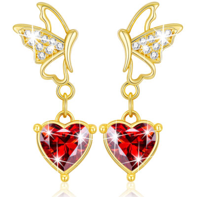 DORANA Butterfly Drop Earrings for Women Girls CZ S925 Sterling Silver January Birthstone Earrings with Red Garnet Birthday Jewelry Gifts Teen Kids Tween Daughter Ideas Age