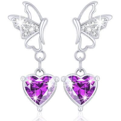 DORANA Butterfly Drop Earrings for Women Girls CZ S925 Sterling Silver January Birthstone Earrings with Red Garnet Birthday Jewelry Gifts Teen Kids Tween Daughter Ideas Age