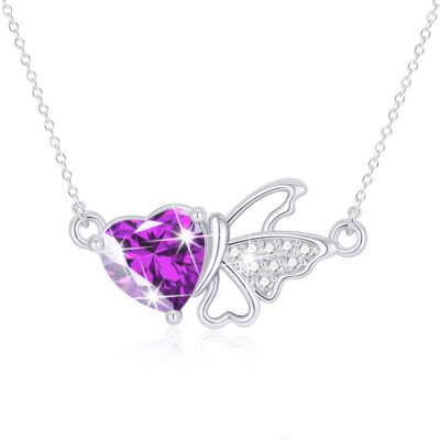 DORANA Butterfly Heart Necklaces for Women Girls CZ S925 Sterling Silver April Birthstone Necklaces with CZ Crystal Birthday Jewelry Gifts Teen Kids Tween Daughter Ideas Age