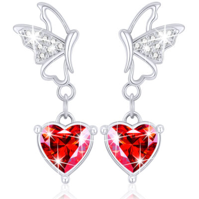 DORANA Butterfly Drop Earrings for Women Girls CZ S925 Sterling Silver January Birthstone Earrings with Red Garnet Birthday Jewelry Gifts Teen Kids Tween Daughter Ideas Age
