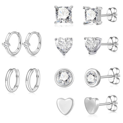 DORANA 6 Pairs 18K White Gold Plated Halo Stud Earrings for Women CZ Hypoallergenic Post S925 Sterling Silver Earring Set Huggie Hoop Earrings Wedding Birthday Jewelry Gifts Ideas Mom Wife Bride Age