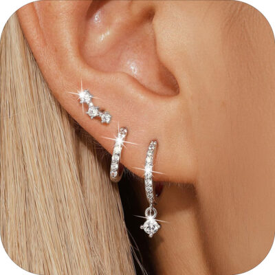 DORANA 3 Pairs 18K White Gold Plated Halo Stud Earrings for Women CZ Hypoallergenic Post S925 Sterling Silver Hoop Earring Set Birthday Christmas Jewelry Gifts Teen Mom Bride Stocking Stuffers Ideas