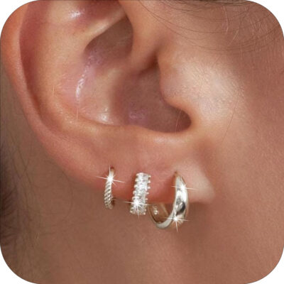 DORANA 3 Pairs 18K White Gold Plated Hoop Earrings for Women CZ Hypoallergenic Post S925 Sterling Silver Earring Set Stud Earrings Birthday Christmas Jewelry Gifts Teen Stocking Stuffers