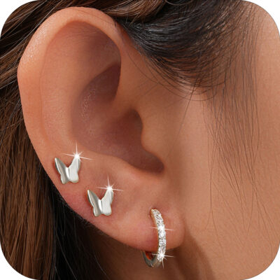 DORANA 3 Pairs 18K White Gold Plated Hoop Earrings for Women CZ Hypoallergenic Post S925 Sterling Silver Earring Set Stud Earrings Birthday Christmas Jewelry Gifts Teen Stocking Stuffers