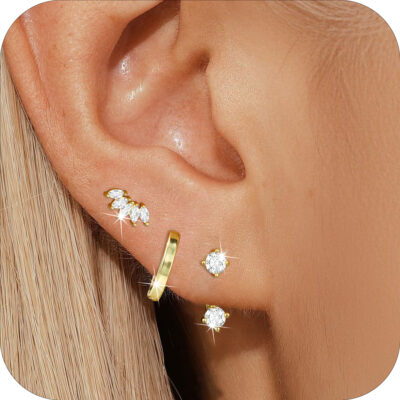 DORANA 3 Pairs 18K Gold Plated Hoop Earrings for Women CZ Hypoallergenic Post S925 Sterling Silver Earring Set Stud Earrings Birthday Christmas Jewelry Gifts Teen Stocking Stuffers